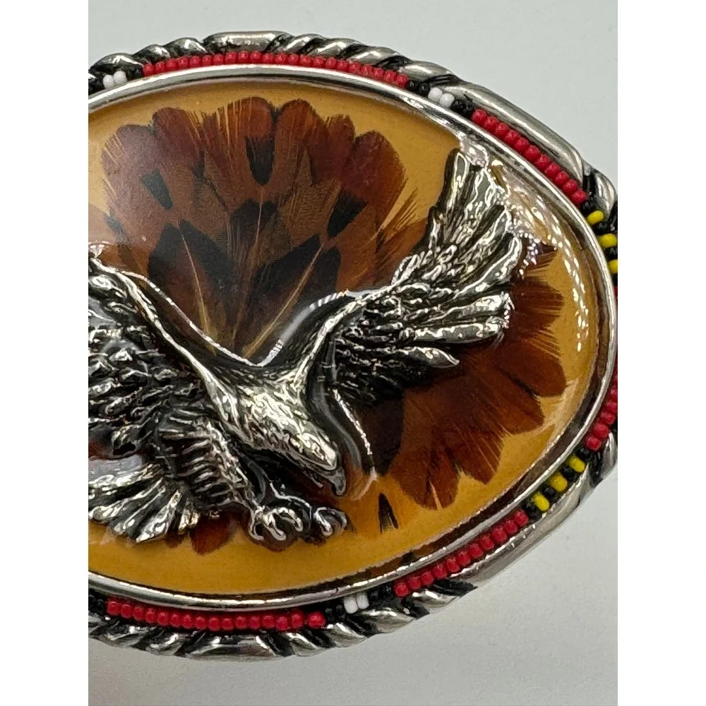 Vintage Western Eagle Feather Resin Belt Buckle Beaded Rope Edge Silver Tone